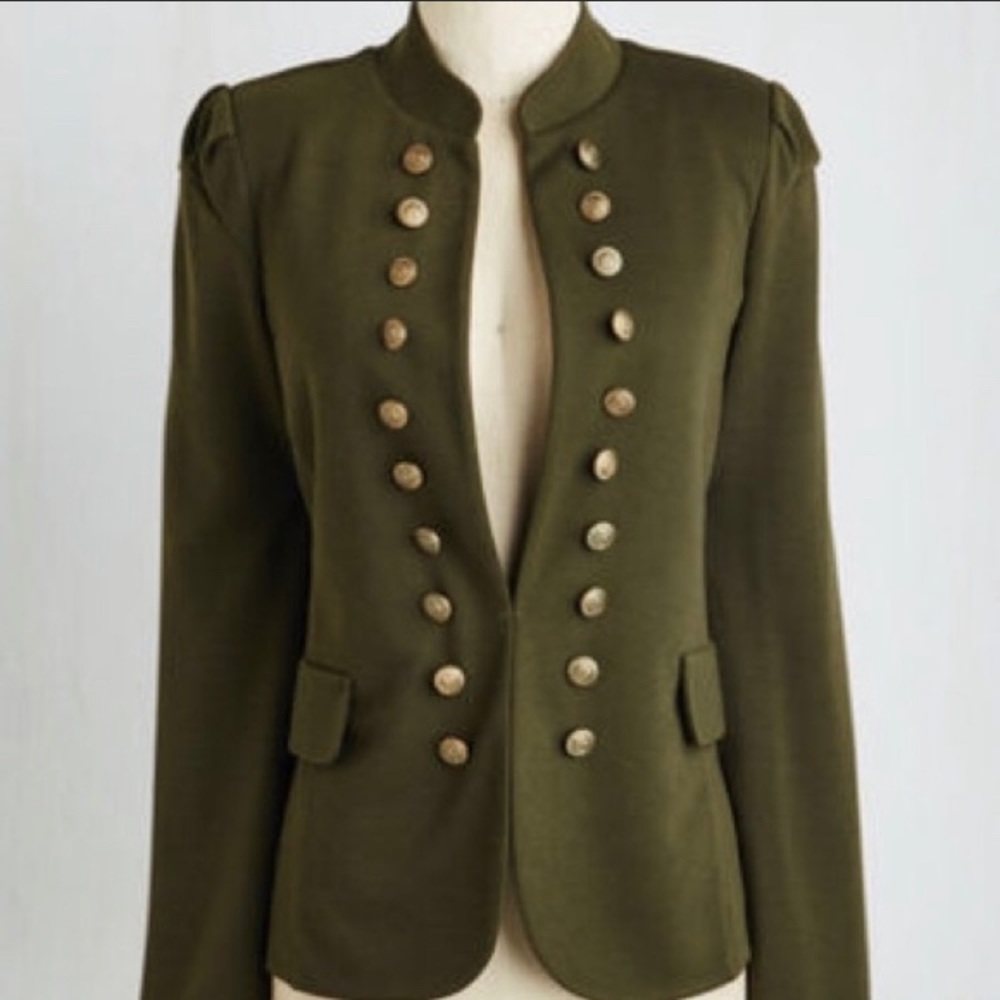 ModCloth green military style blazer with brass buttons, EUC size medium